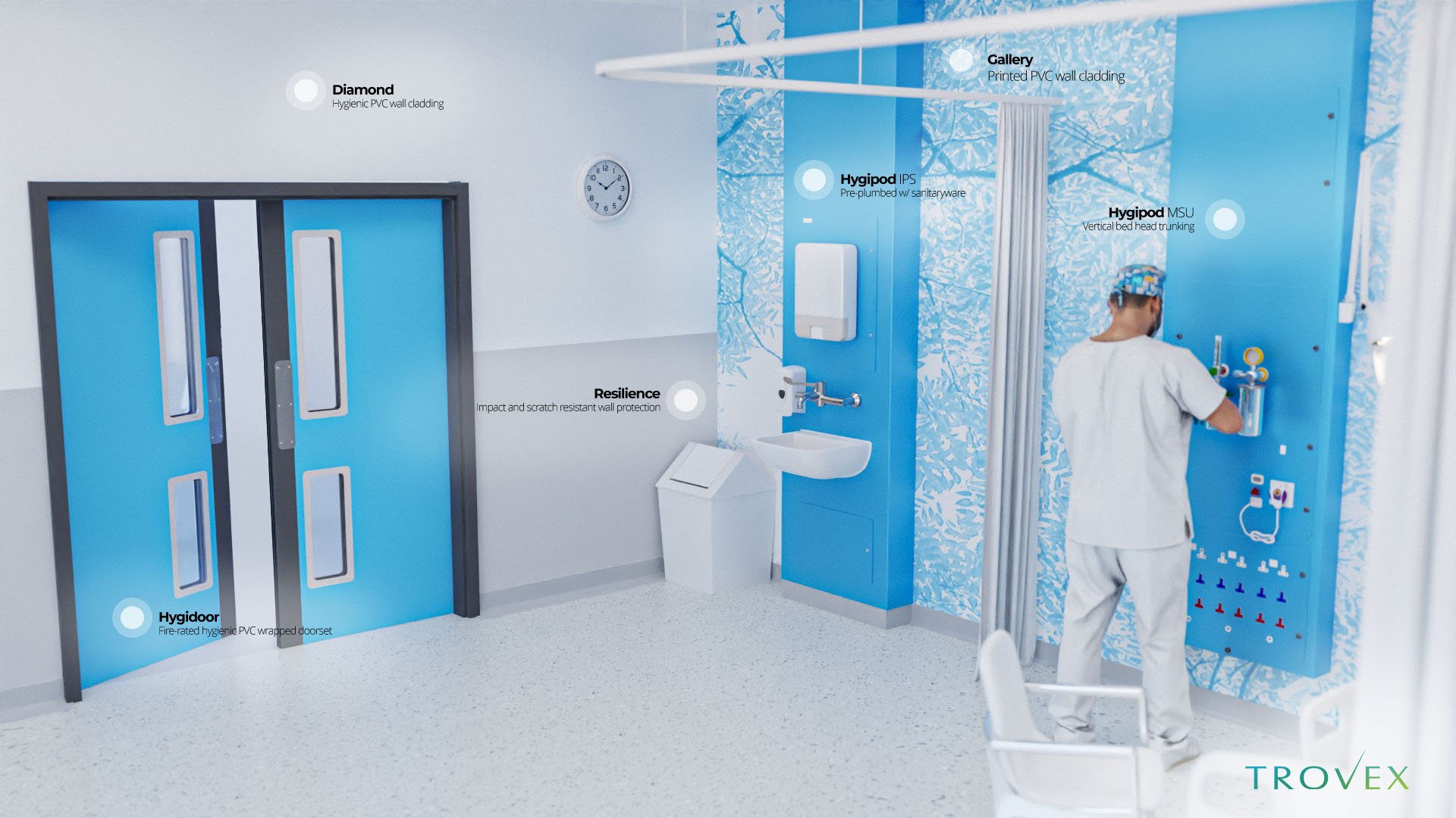 Trovex ward environment featuring Hygipod IPS + Hygidoor + Hygipod MSU + Diamond wall cladding and more